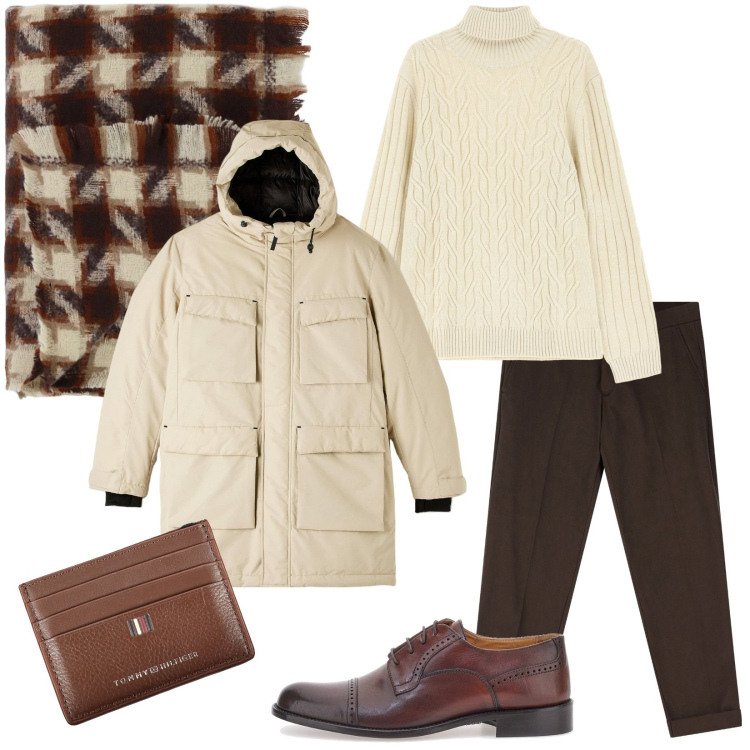 Outfit uomo - Outfit caldo e avvolgente per l\'inverno. Stile Casual per Tutti i giorni. Abbinamento con parka, sciarpe, pantaloni chino, maglieria, scarpe stringate, portafogli.