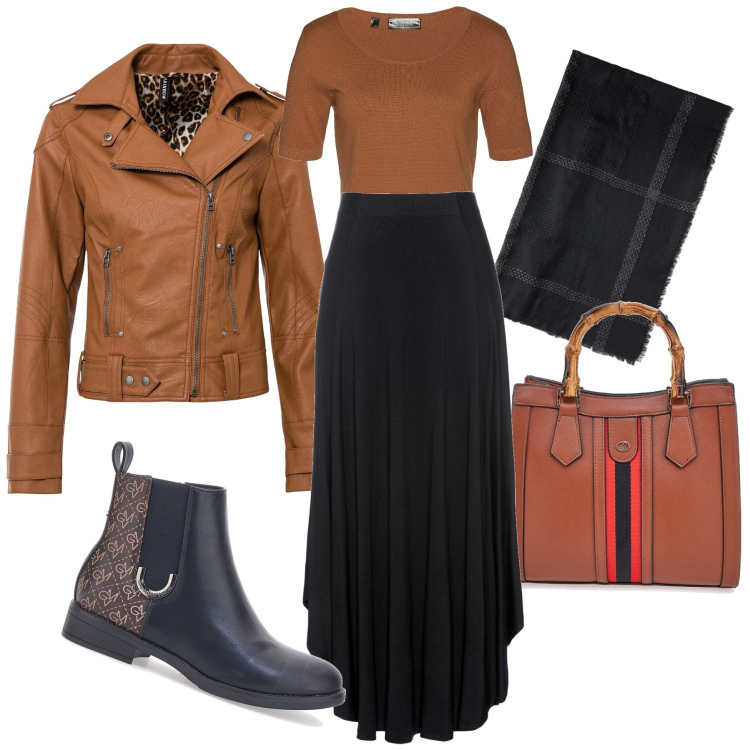 Outfit donna - Il chiodo marrone. Stile Trendy per Tutti i giorni. Abbinamento con gonne, maglieria, blazer, stivaletti chelsea, borse a tracolla, sciarpe.