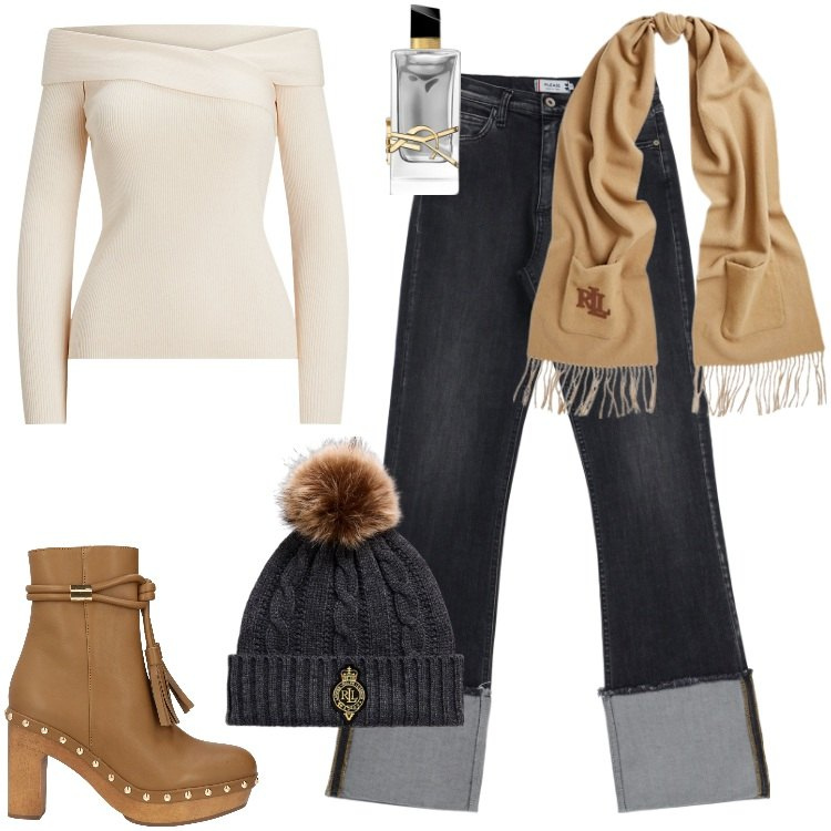 Outfit donna - Total look #2014944. Stile Casual per Ufficio. Abbinamento con stivaletti, profumi, jeans dritti, berretti, maglieria, sciarpe.