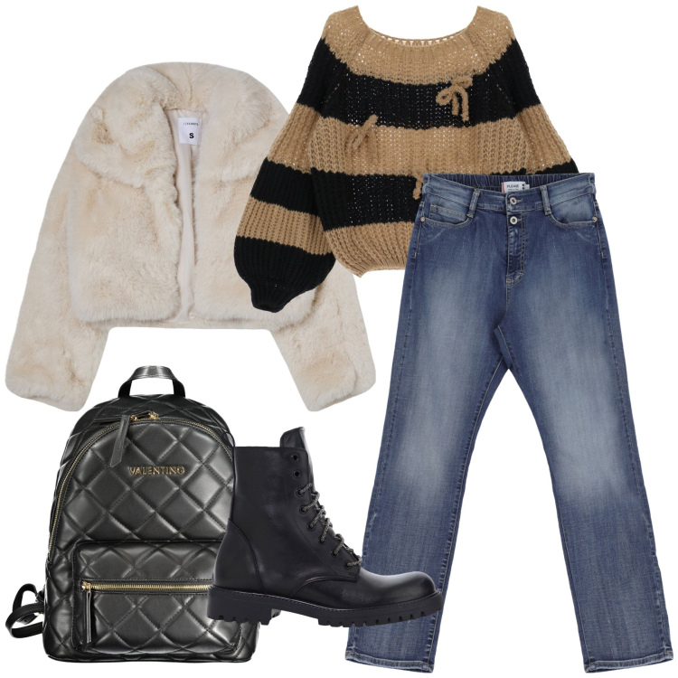 Outfit donna - La maglia con i fiocchi. Stile Urban per Tutti i giorni. Abbinamento con blazer, maglieria, jeans dritti, stivaletti, zaini.