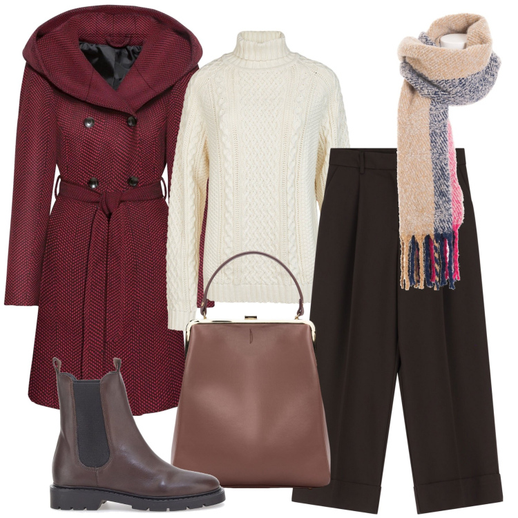 Outfit donna - Il cappotto bordeaux. Stile Casual chic per Ufficio. Abbinamento con cappotti, sciarpe, pantaloni, stivaletti chelsea, borse a spalla, maglieria.