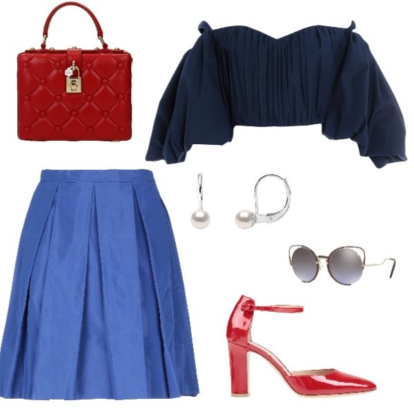 Outfit donna - Urban #9184. Stile Urban Abbinamento con occhiali da sole, gonna al ginocchio con zip interno foderato in taffetà tinta unita, top con arricciature scollatura profonda a maniche corte in cotone senza tasche tinta unita, borsa a mano con tracolla regolabile rosso, orecchini a pendolo con perle e gancetto bianco e oro.