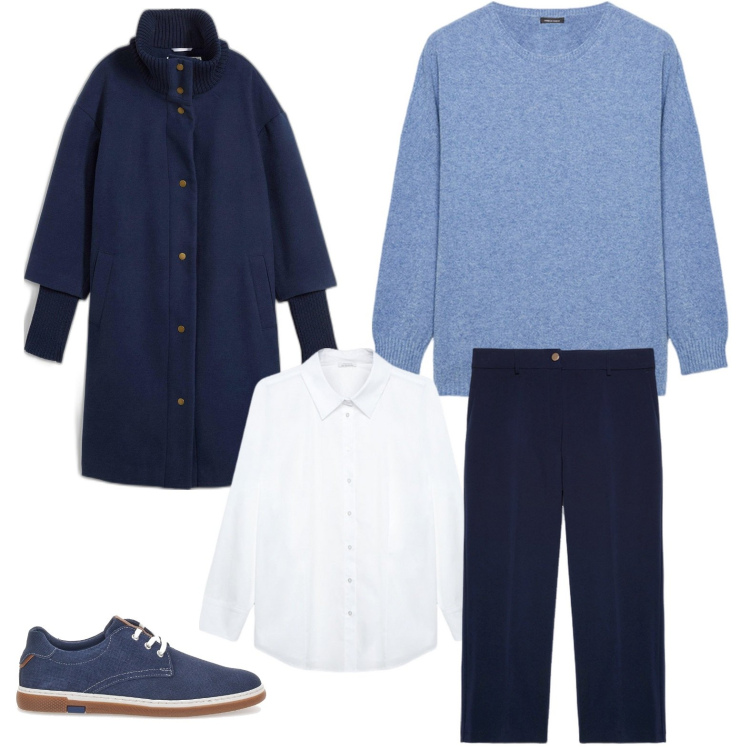 Outfit donna - Il cappotto blu notte. Stile Casual chic per Tutti i giorni. Abbinamento con cappotti, scarpe stringate, pantaloni, maglieria, camicie.