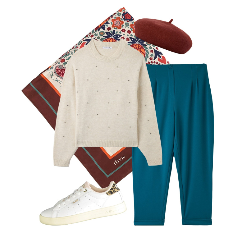Outfit donna - Outfit everyday. Stile Casual per Tutti i giorni. Abbinamento con pantaloni chino, maglieria, foulard, cappelli e berretti, sneakers.