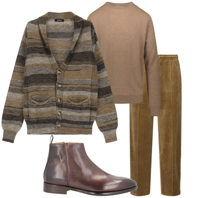 Outfit uomo - Tempo libero. Stile Casual per Tutti i giorni. Abbinamento con stivali e stivaletti, cardigans, maglieria, pantaloni.