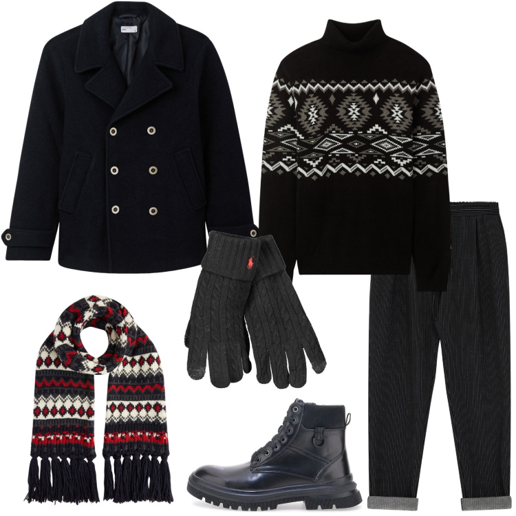 Outfit uomo - Total black per un outfit vincente. Stile Trendy per Tutti i giorni. Abbinamento con cappotti, maglieria, pantaloni, anfibi, sciarpe, guanti.