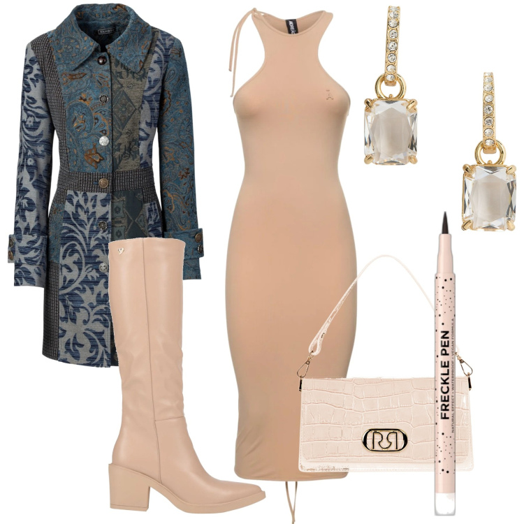 Outfit donna - Nude look. Stile Sexy per Serata fuori. Abbinamento con cappotti, stivali, fondotinta, borse a tracolla, orecchini, vestiti midi/longuette.