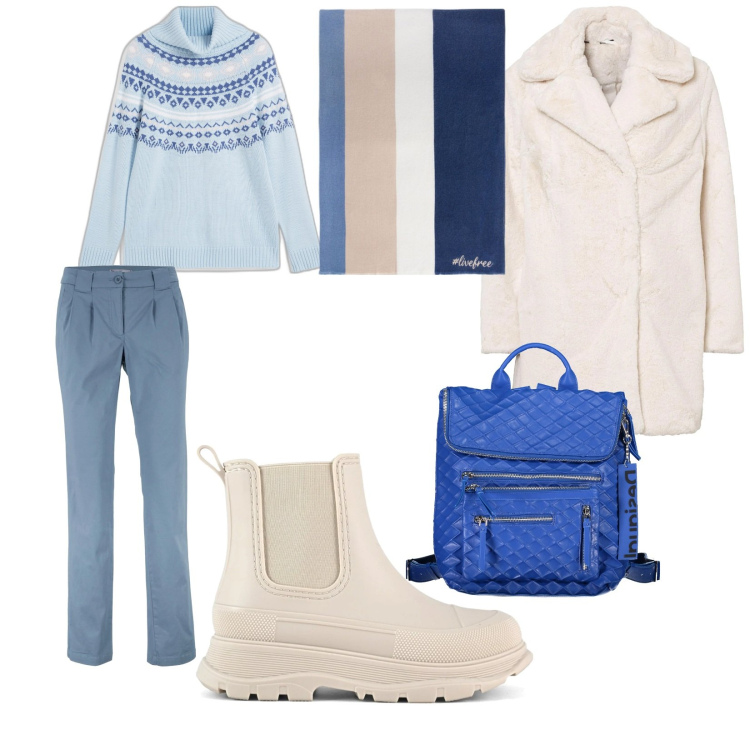 Outfit donna - Settimana bianca. per Tutti i giorni. Abbinamento con pantaloni chino, maglieria, ecopellicce, stivali, zaini, sciarpe.