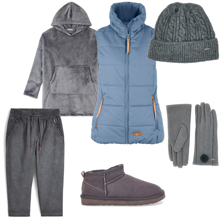 Outfit donna - Su in trentino. per Tutti i giorni. Abbinamento con pantaloni capri, piumini, felpe con cappuccio, berretti, guanti, stivaletti.
