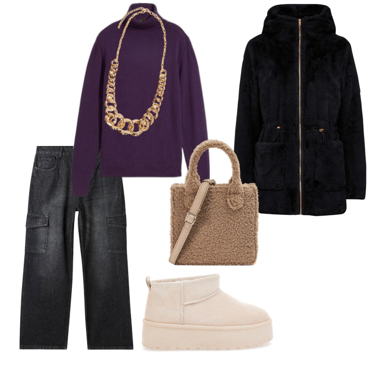 Outfit donna - Freddo ma bello. per Tutti i giorni. Abbinamento con ecopellicce, maglieria, jeans, shopping bag, collane, stivaletti.