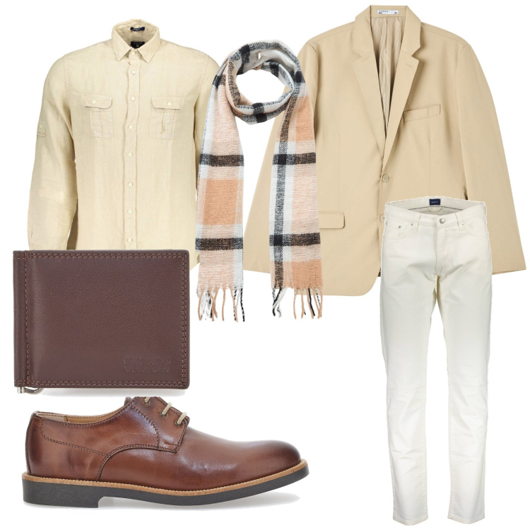 Outfit uomo - Abbigliamento da ufficio bage. Stile Business/Elegante per Ufficio. Abbinamento con giacche, sciarpe, scarpe stringate, pantaloni, camicie, portafogli.