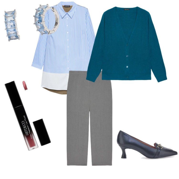 Outfit donna - Buon anniversario a casa. per Cerimonia. Abbinamento con rossetti, orecchini, camicie, décolleté, pantaloni a palazzo, cardigans.
