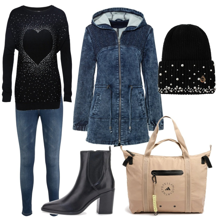 Outfit donna - Total look. Stile Casual chic per Tutti i giorni. Abbinamento con parka, pullovers, jeggings, berretti, stivaletti, shopping bag.