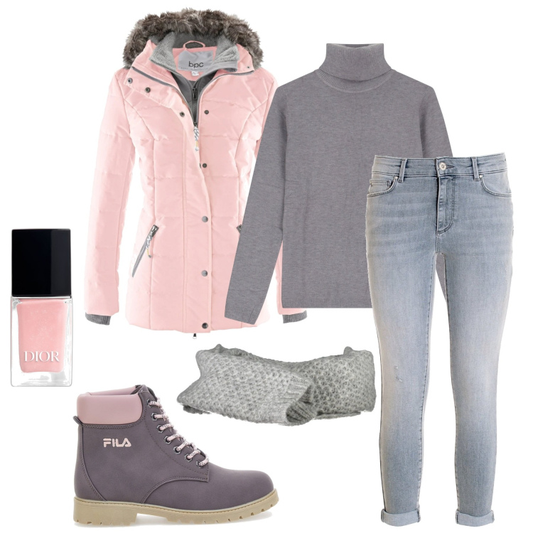 Outfit donna - Pink and grey. Stile Casual per Tutti i giorni. Abbinamento con piumini, smalti, jeans, maglieria, stivaletti, sciarpe.