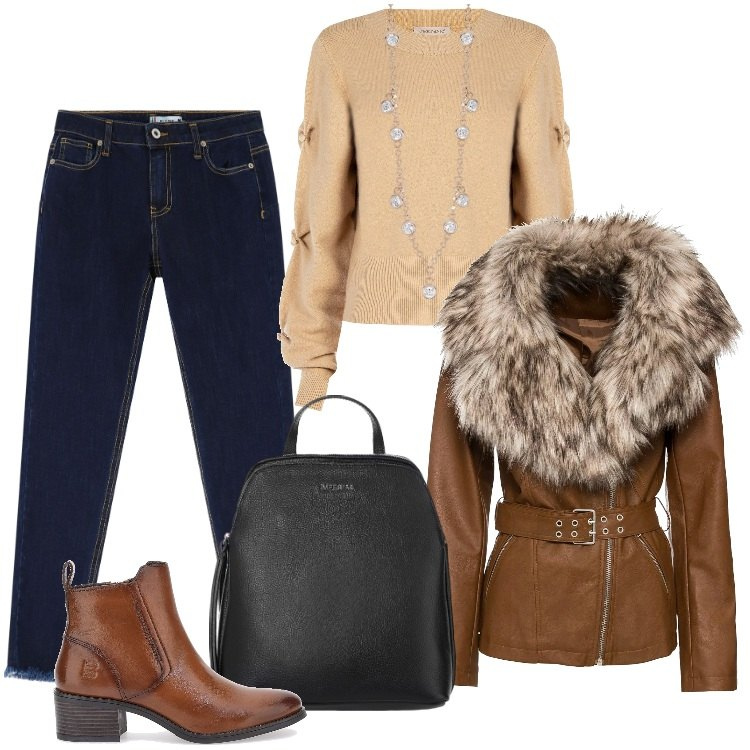 Outfit donna - Total look #2015012. Stile Casual per Ufficio. Abbinamento con blazer, jeans skinny, collane, maglieria, zaini, stivaletti.