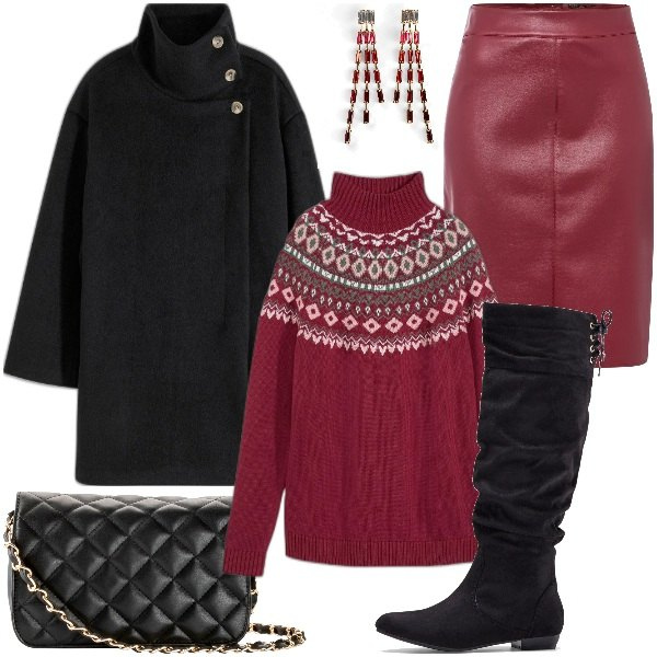 Outfit donna - Total look #2015019. Stile Casual chic per Serata fuori. Abbinamento con stivali, borse a tracolla, orecchini, gonne longuette, maglieria, cappotti.