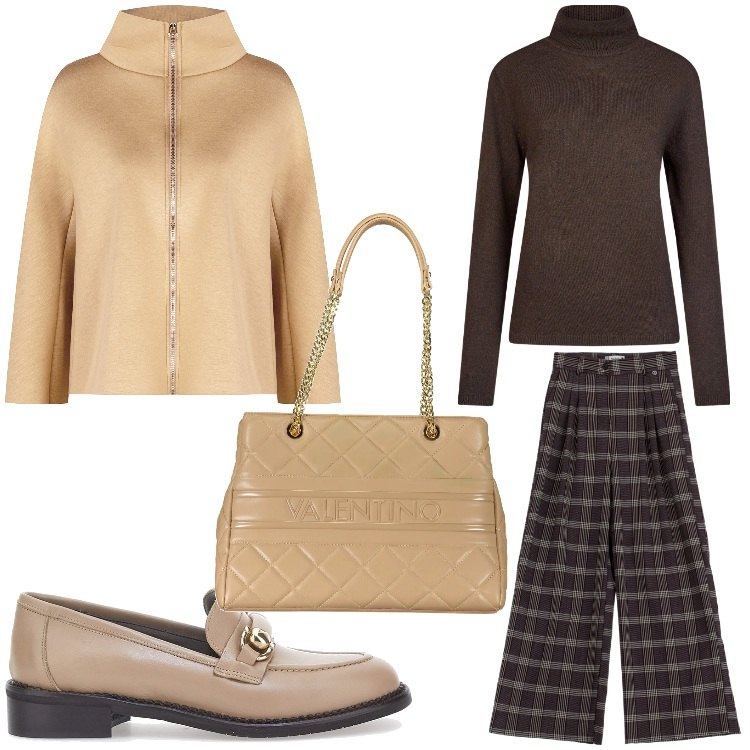 Outfit donna - Quadretti e marrone. Stile Casual chic per Ufficio. Abbinamento con pantaloni, cappe, mocassini, maglieria, borse a spalla.