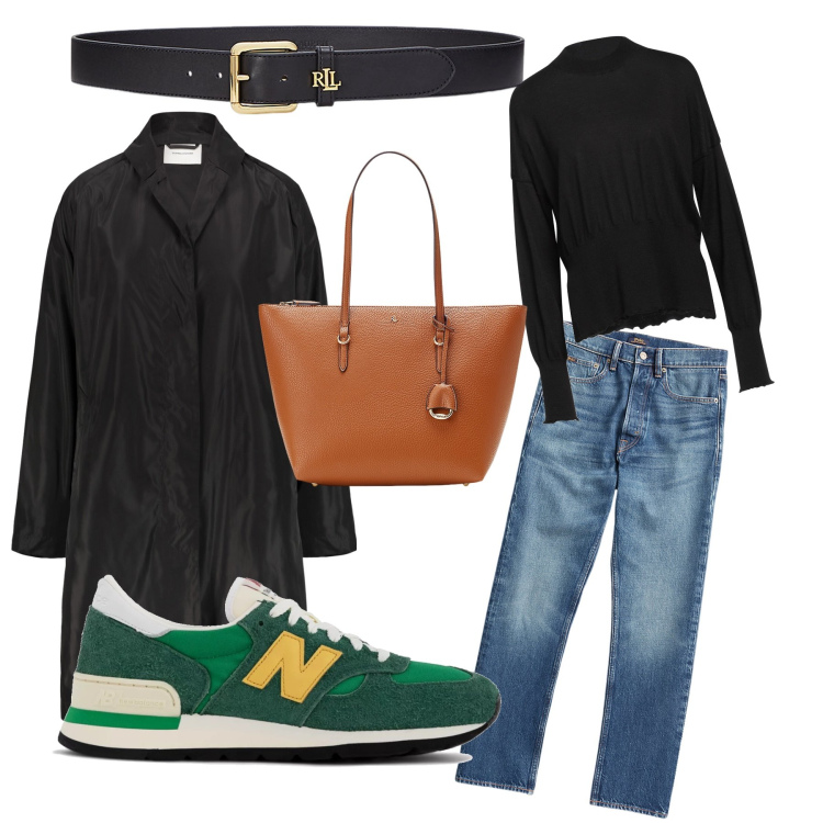 Outfit donna - Comodità. Stile Basic per Tutti i giorni. Abbinamento con pullovers, sneakers, cinture, borse tote, jeans dritti, trench.