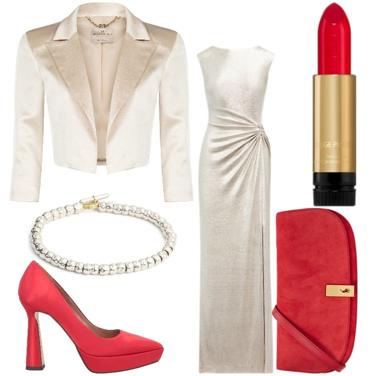 Outfit donna - Buone feste. Stile Chic per Serata fuori. Abbinamento con décolleté, rossetti, bolero, vestiti, clutch, braccialetti.