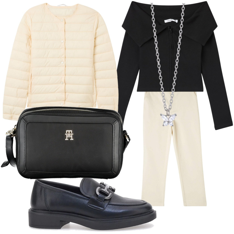 Outfit donna - Passeggio. Stile Casual chic per Tutti i giorni. Abbinamento con pantaloni chino, cardigans, piumini, collane, borse a tracolla, mocassini.