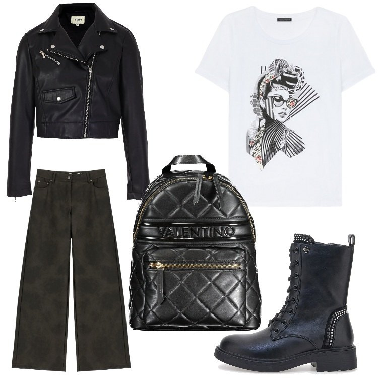 Outfit donna - Ragazza rock. Stile Rock per Serata fuori. Abbinamento con blazer, pantaloni, anfibi, zaini, t-shirt.