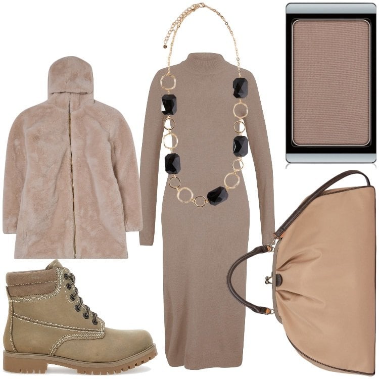 Outfit donna - Una sirena rock. Stile Rock per Serata fuori. Abbinamento con vestiti, ombretti, ecopellicce, stivaletti, collane, borse a spalla.