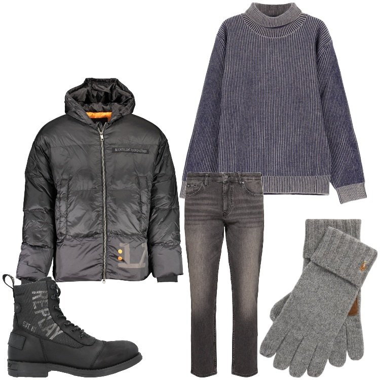 Outfit uomo - Semplicemente grigio. Stile Casual per Tutti i giorni. Abbinamento con stivali e stivaletti, maglieria, guanti, jeans, piumini.