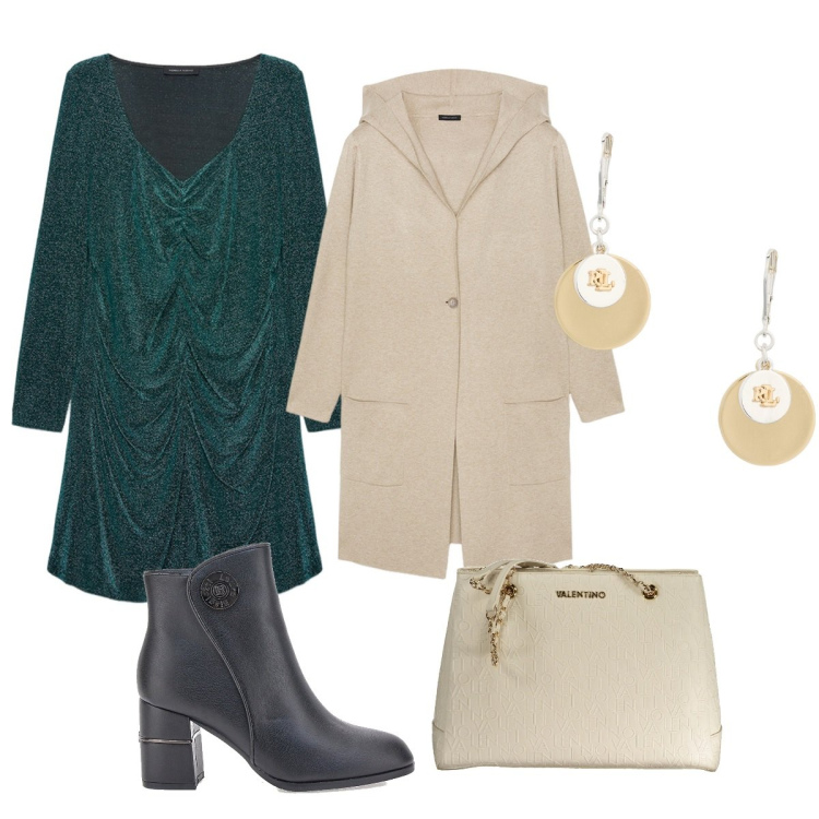 Outfit donna - Eleganza avvolgente -Donna Curvy. Stile Casual chic per Tutti i giorni. Abbinamento con orecchini, stivaletti, cardigans, vestiti corti, borse a spalla.