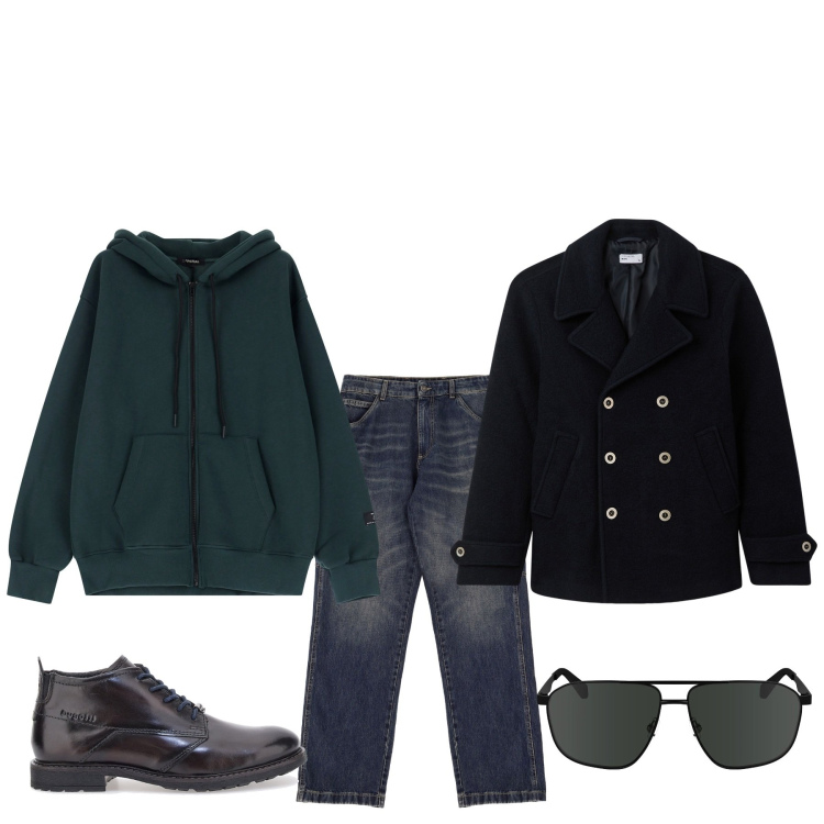 Outfit uomo - La comodità. Stile Urban per Tutti i giorni. Abbinamento con cappotti, jeans, felpe con cappuccio, scarpe stringate, occhiali da sole.