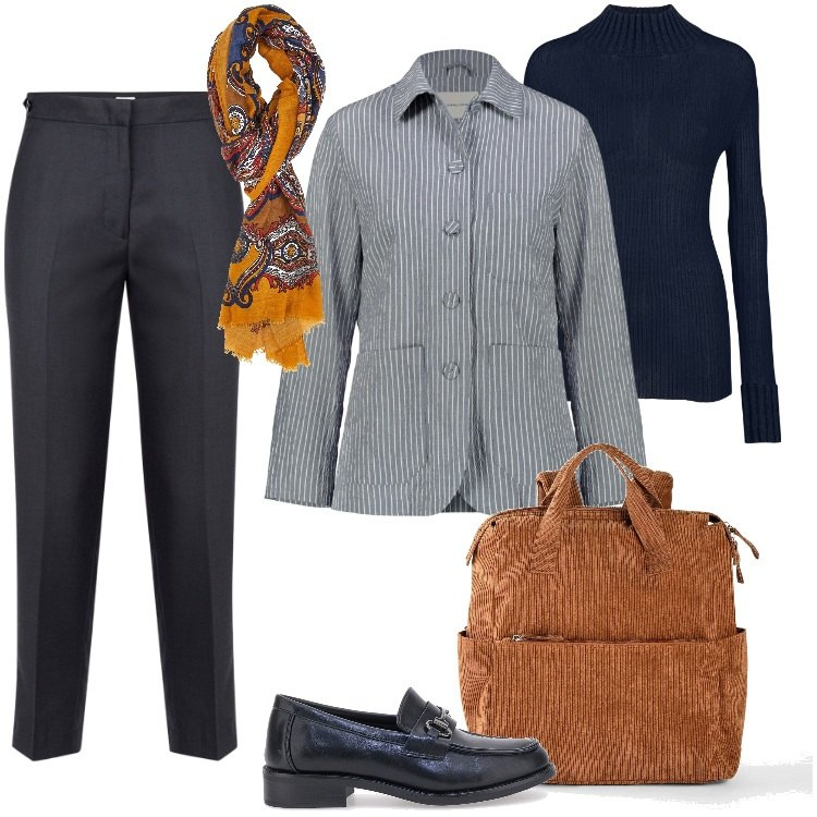 Outfit donna - Total look #2015072. Stile Boho per Tutti i giorni. Abbinamento con zaini, blazer, pantaloni, maglieria, mocassini, foulard.