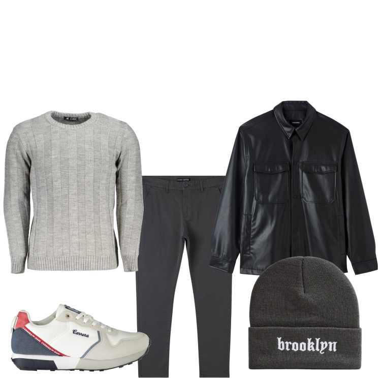 Outfit uomo - Giacca in pelle. Stile Urban per Tutti i giorni. Abbinamento con pantaloni chino, cappotti, berretti, maglieria, sneakers.