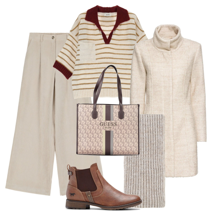 Outfit donna - Pranzo con gli amici. Stile Sporty chic per Tutti i giorni. Abbinamento con cappotti, stivaletti chelsea, pantaloni a palazzo, maglieria, sciarpe, borse a spalla.