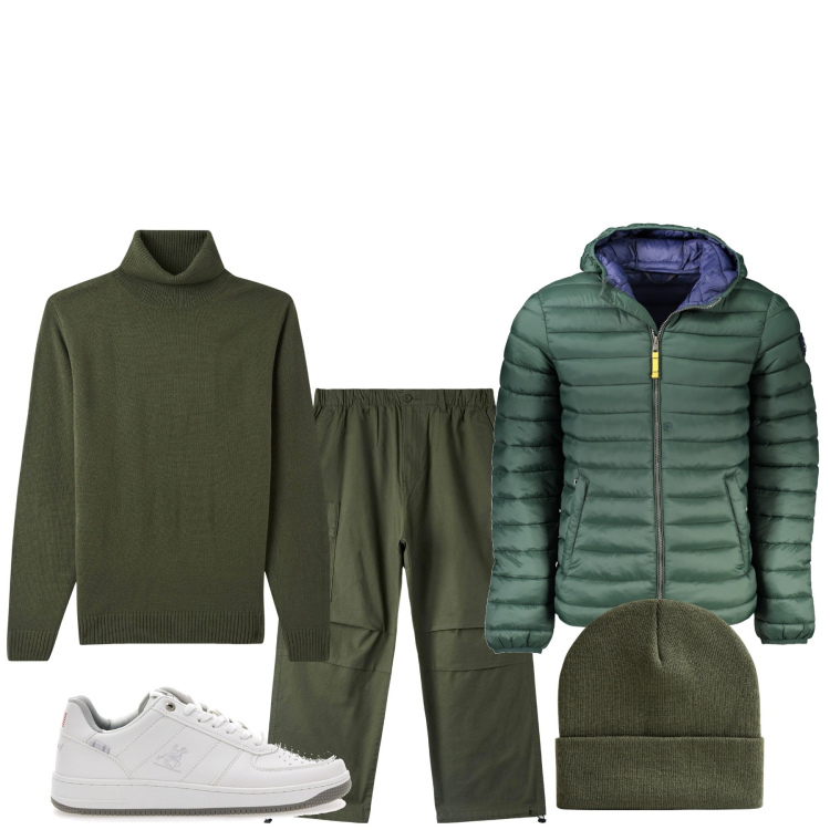 Outfit uomo - Passeggiata nel bosco. Stile Urban per Tutti i giorni. Abbinamento con maglieria, pantaloni, berretti, sneakers, giacche.