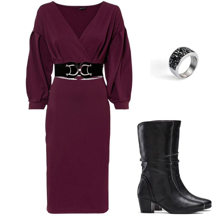 Outfit donna - Serata fuori. Stile Glamour per Serata fuori. look ideale per Petite. Abbinamento con cinture, stivali, vestiti, anelli.