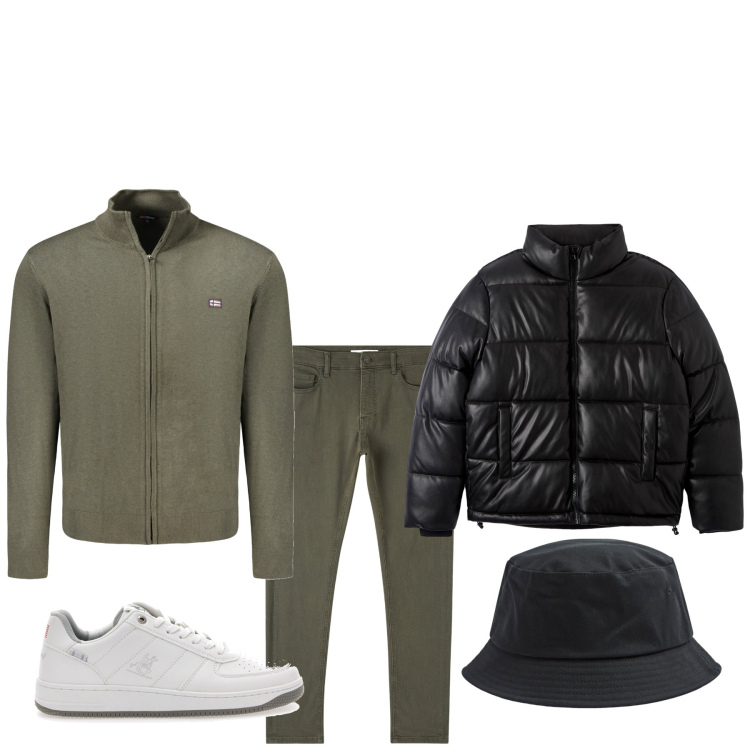 Outfit uomo - Stasera piove. Stile Urban per Tutti i giorni. Abbinamento con cappelli, pantaloni skinny, piumini, sneakers, cardigans.