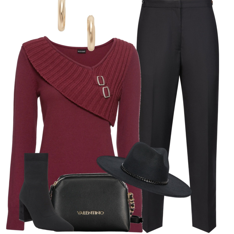 Outfit donna - Dettagli chic. Stile Minimal per Tutti i giorni. Abbinamento con maglieria, stivaletti, orecchini, pantaloni, borse a tracolla, cappelli.