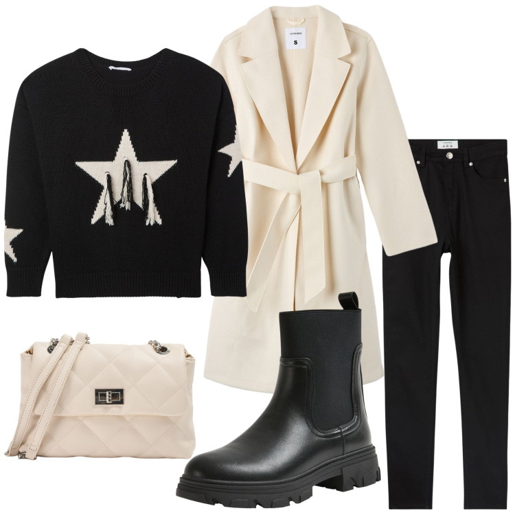 Outfit donna - Black&white. Stile Casual chic per Tutti i giorni. Abbinamento con cappotti, maglieria, stivaletti chelsea, pantaloni skinny, borse a spalla.