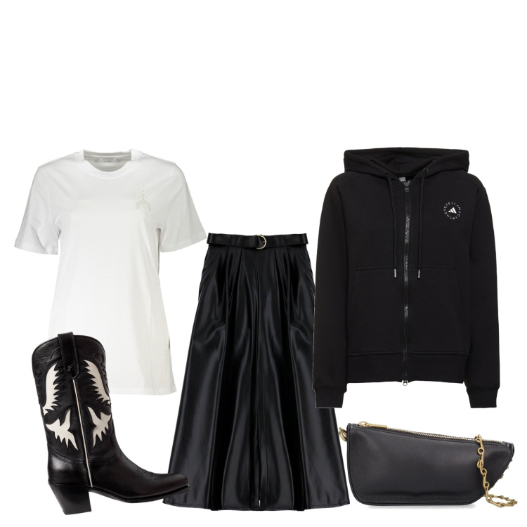 Outfit donna - Texano. Stile Trendy per Tutti i giorni. Abbinamento con gonne lunghe, stivali, felpe con cappuccio, t-shirt, borse a spalla.