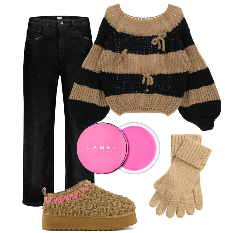 Outfit donna - Total look #2015107. Stile Casual per Tutti i giorni. Abbinamento con blush, maglieria, guanti, stivaletti, jeans.