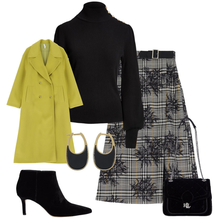 Outfit donna - Per le vie del centro. Stile Glamour per Tutti i giorni. Abbinamento con cappotti, gonne, maglieria, borse a spalla, stivaletti, orecchini.