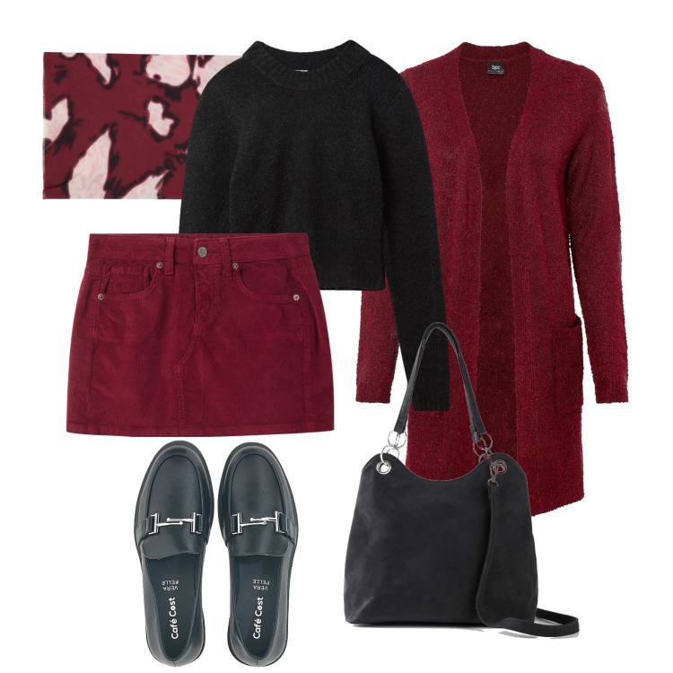 Outfit donna - Minigonna in velluto e mocassini. Stile Casual per Tutti i giorni. Abbinamento con borse a mano, cardigans, minigonne, maglieria, stole, mocassini.