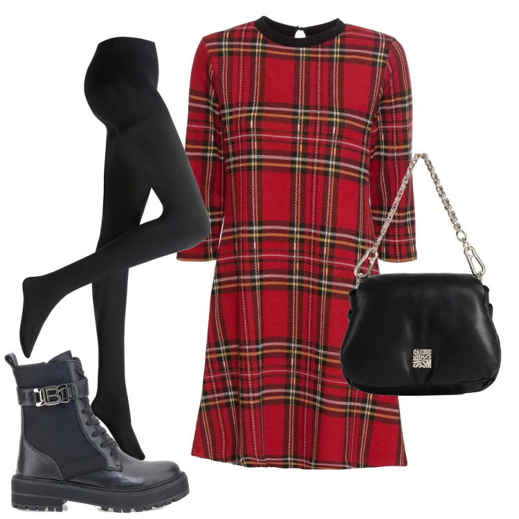 Outfit donna - Total look #2015118. Stile Casual chic per Tutti i giorni. Abbinamento con vestiti corti, collant, borse a mano, anfibi.