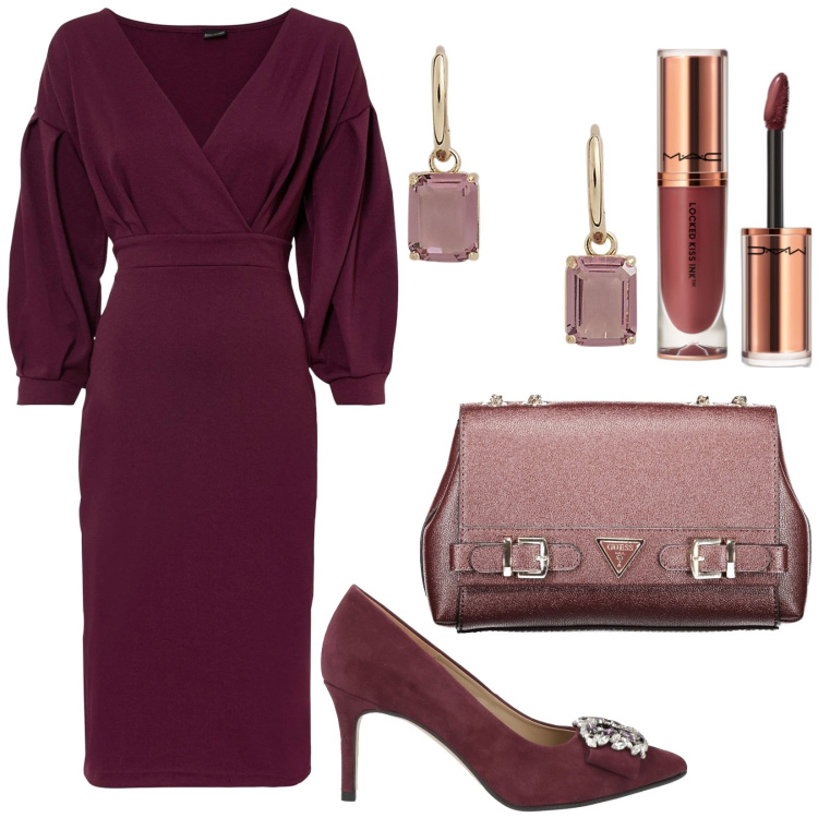 Outfit donna - È ora di festeggiare!. Stile Glamour per Serata fuori. Abbinamento con vestiti, décolleté, rossetti, orecchini, borse a spalla.
