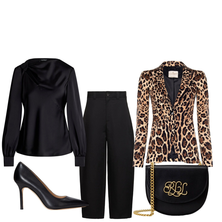 Outfit donna - Un tocco di animalier. Stile Bon Ton per Serata fuori. Abbinamento con blazer, décolleté, camicie, borse a tracolla, pantaloni.