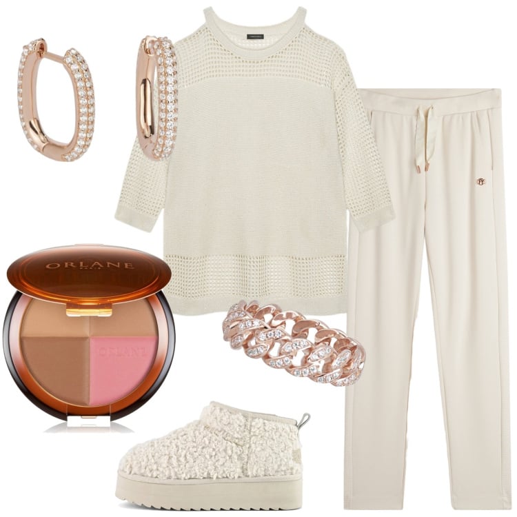 Outfit donna - Total White: minimal & chic. Stile Minimal per Tutti i giorni. Abbinamento con terre, anelli, orecchini, pantaloni, stivaletti, maglieria.