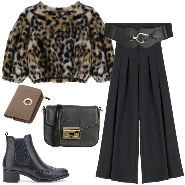 Outfit donna - Passione accessori. Stile Urban per Ufficio. Abbinamento con borse a tracolla, cinture, portafogli, maglieria, pantaloni a palazzo, stivaletti chelsea.