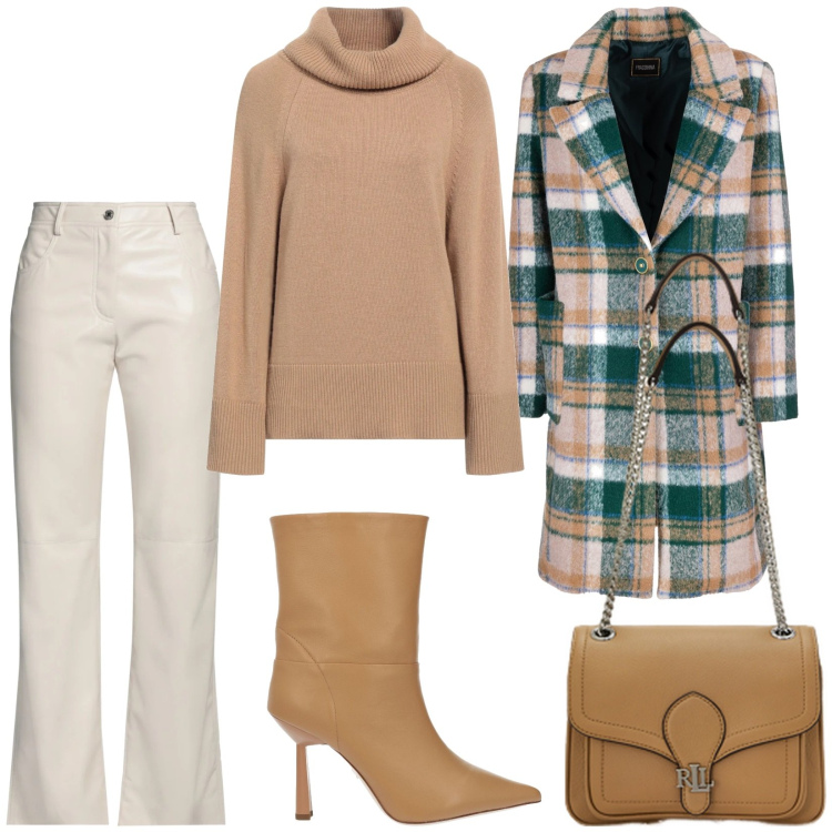 Outfit donna - Cappotto a quadri. Stile 70s per Tutti i giorni. Abbinamento con pantaloni, maglieria, stivaletti, cappotti, borse a spalla.