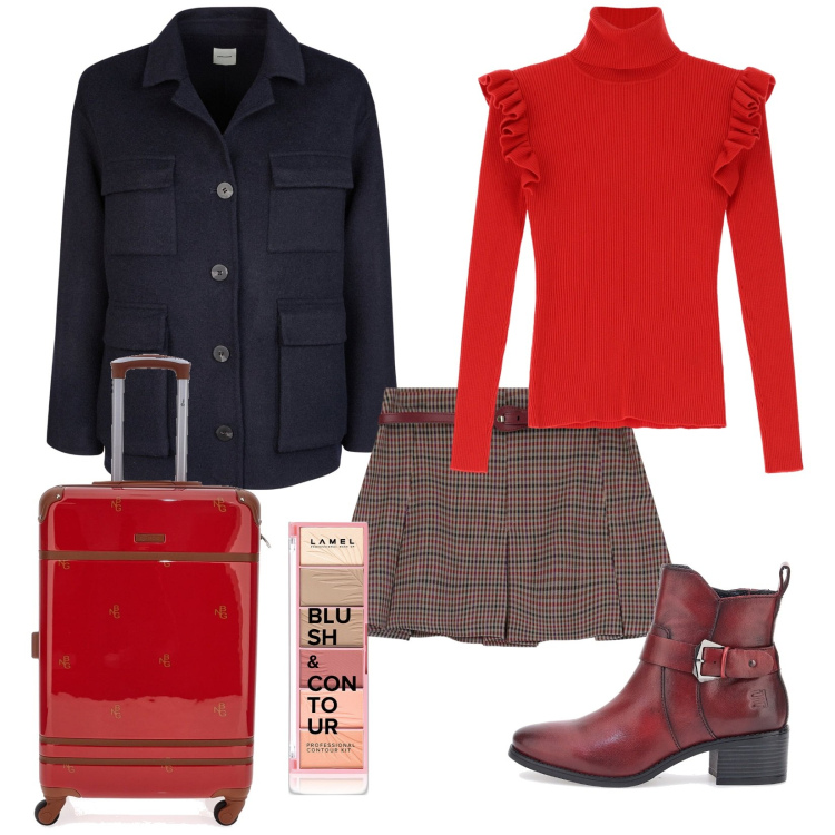 Outfit donna - Vado in Scozia. Stile Trendy per Tutti i giorni. Abbinamento con blush, maglieria, minigonne, stivali sopra il ginocchio, cappotti, valigie.