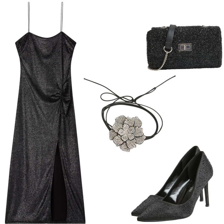 Outfit donna - Happy new year. Stile Glamour per Cerimonia. look ideale per Petite. Abbinamento con vestiti lunghi, décolleté, collane, borse a tracolla.