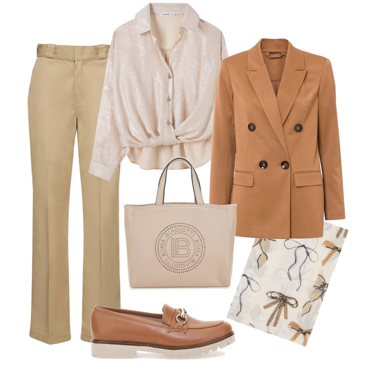 Outfit donna - Pranzo di lavoro. Stile Glamour per Tutti i giorni. Abbinamento con blazer, camicie, sciarpe, mocassini, pantaloni, borse a tracolla.